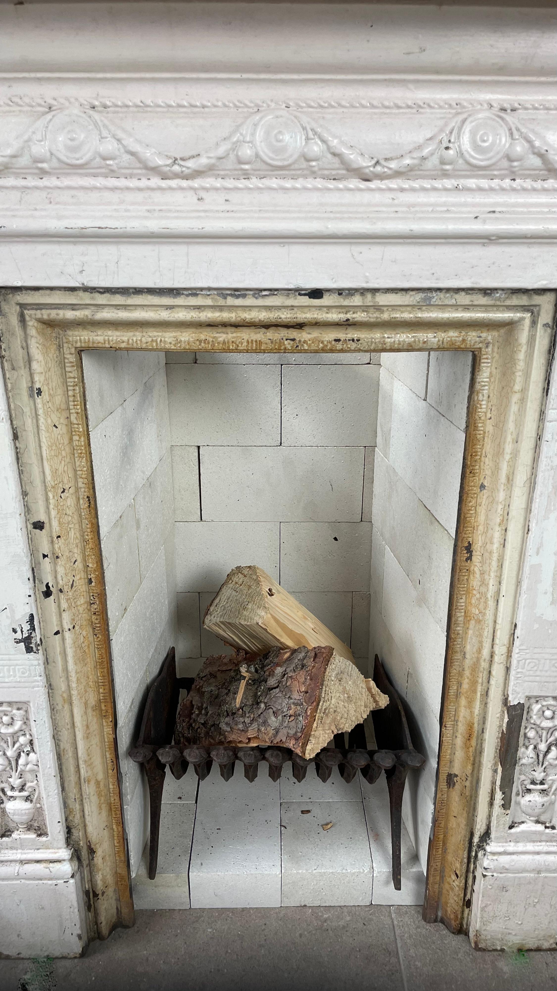 19th Century English Antique Cast Iron Fireplace Original Patina Including Refractory Bricks For Sale