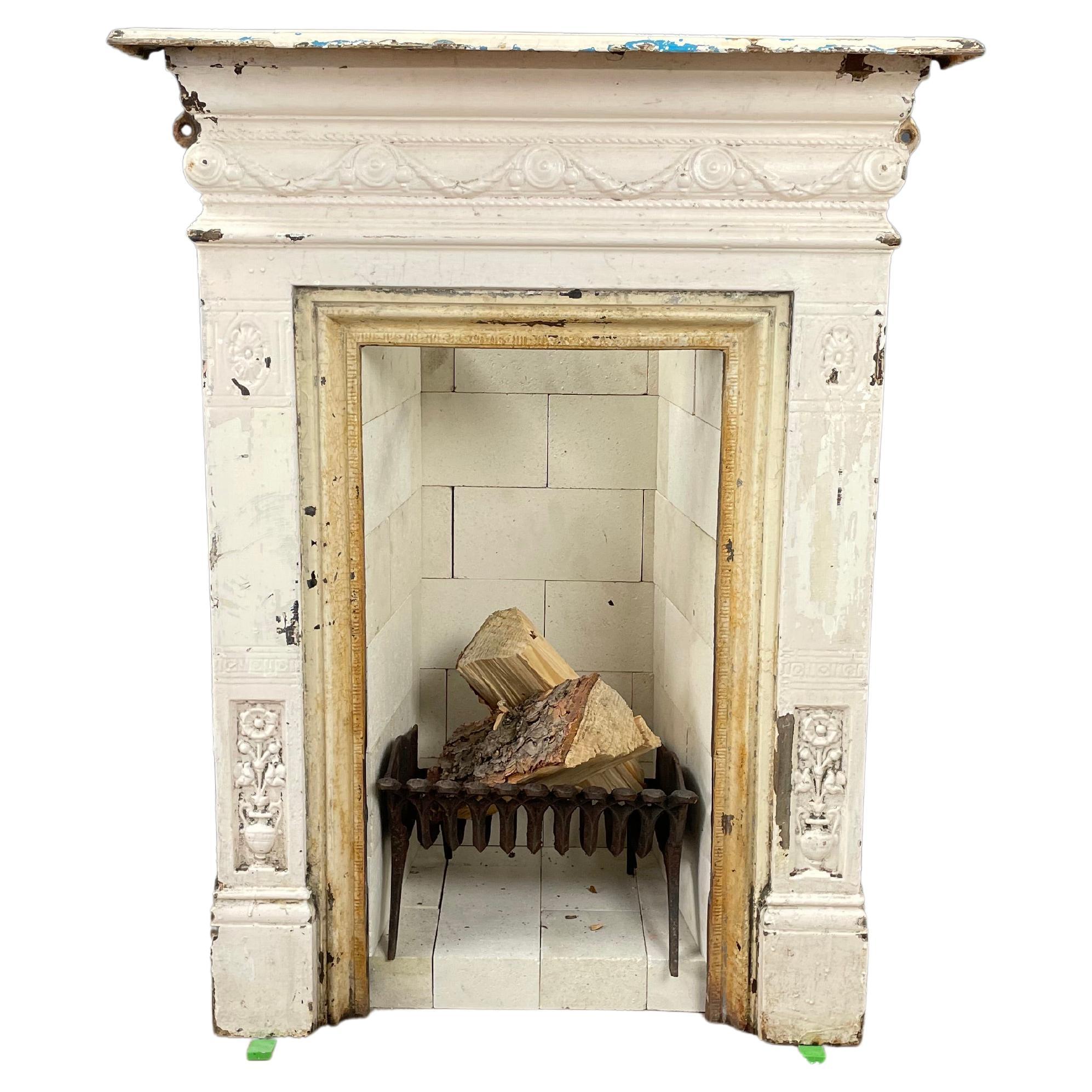 English Antique Cast Iron Fireplace Original Patina Including Refractory Bricks