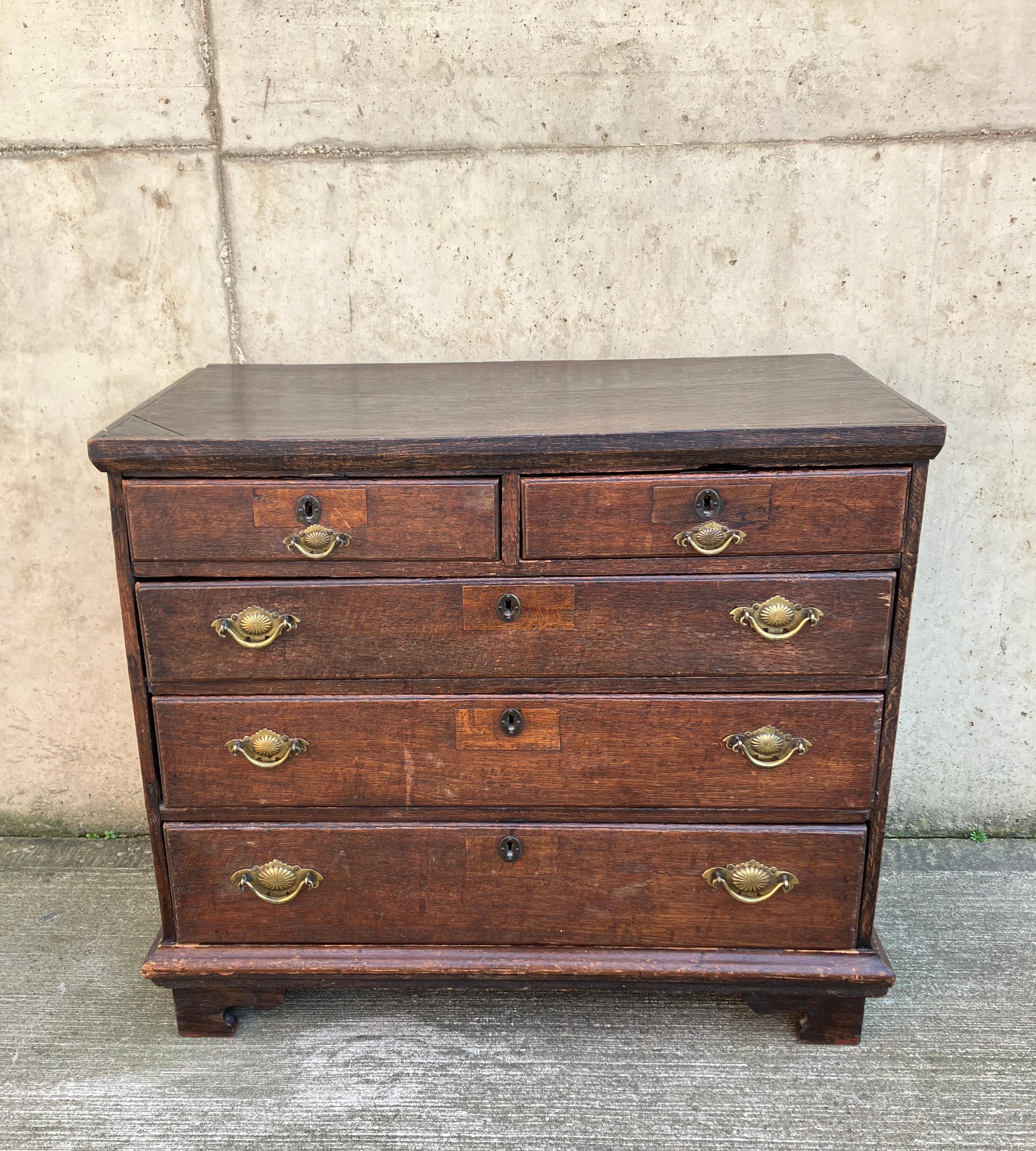 Cassettiera compatta in legno massiccio di Oak. Questa cassettiera originale inglese con tre cassetti lunghi e sottili e due cassetti più piccoli in alto ha un colore e una patina splendidi dovuti agli anni di utilizzo. Graziose maniglie decorative