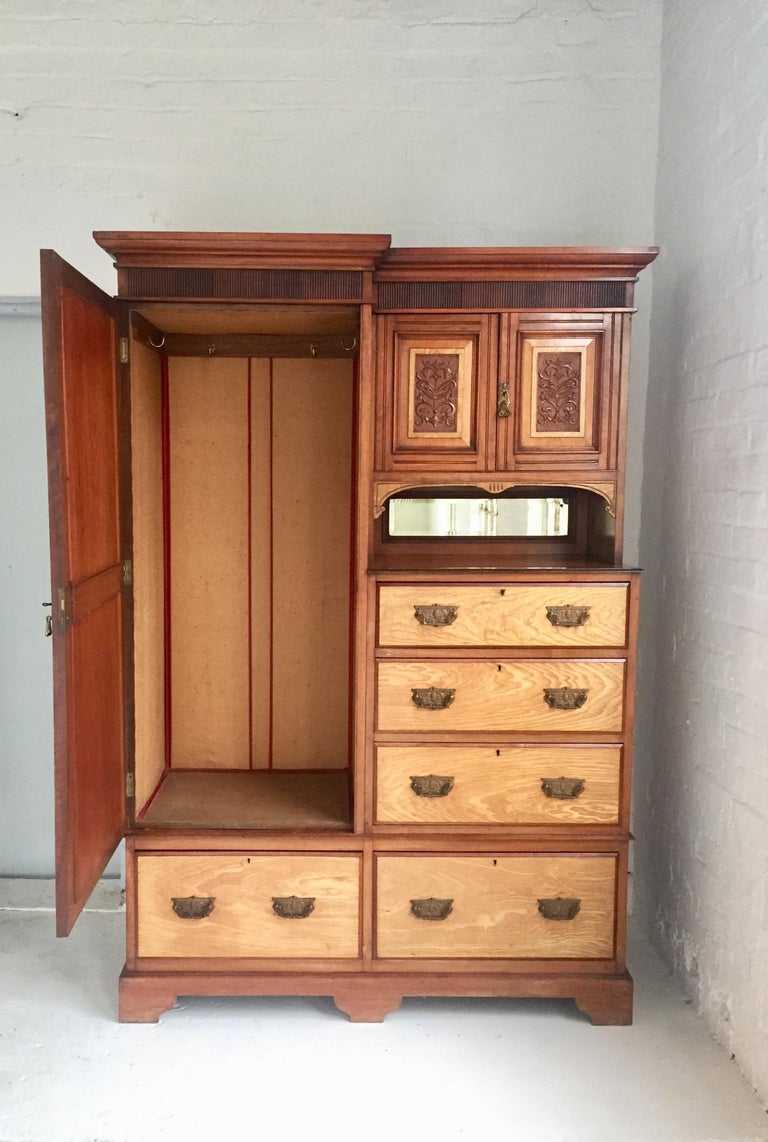 English Antique Combination Wardrobe in Mahogany and Blond Walnut For