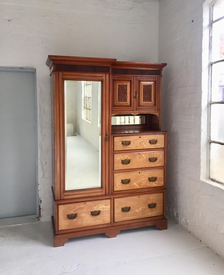 English Antique Combination Wardrobe in Mahogany and Blond Walnut For Sale at 1stdibs
