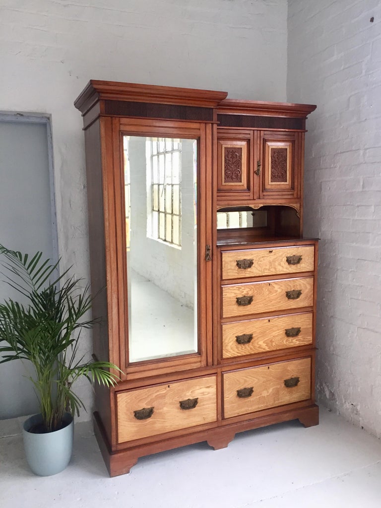 English Antique Combination Wardrobe in Mahogany and Blond Walnut For