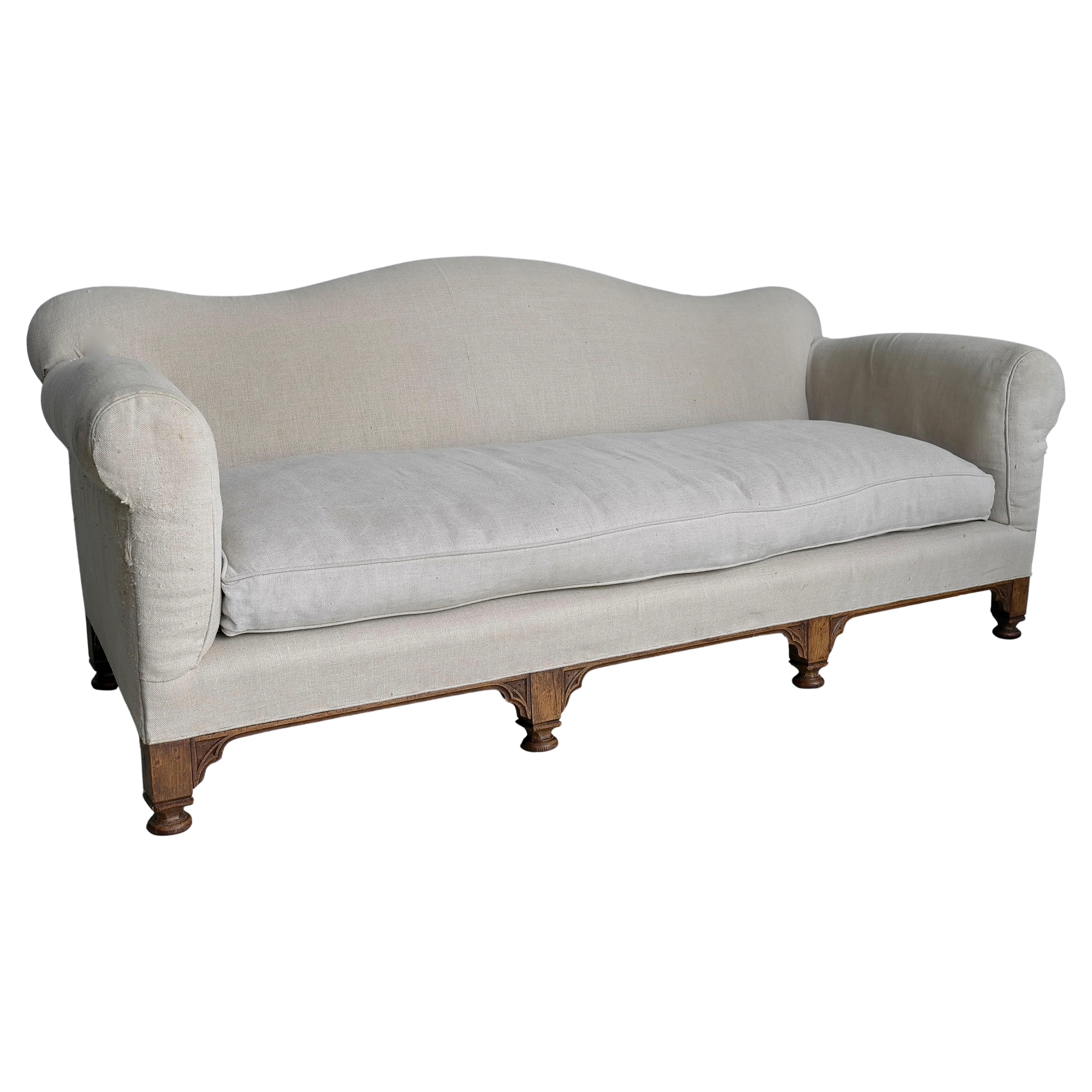 English Antique Comfortable Country House Curved Three-Seat Linen Sofa