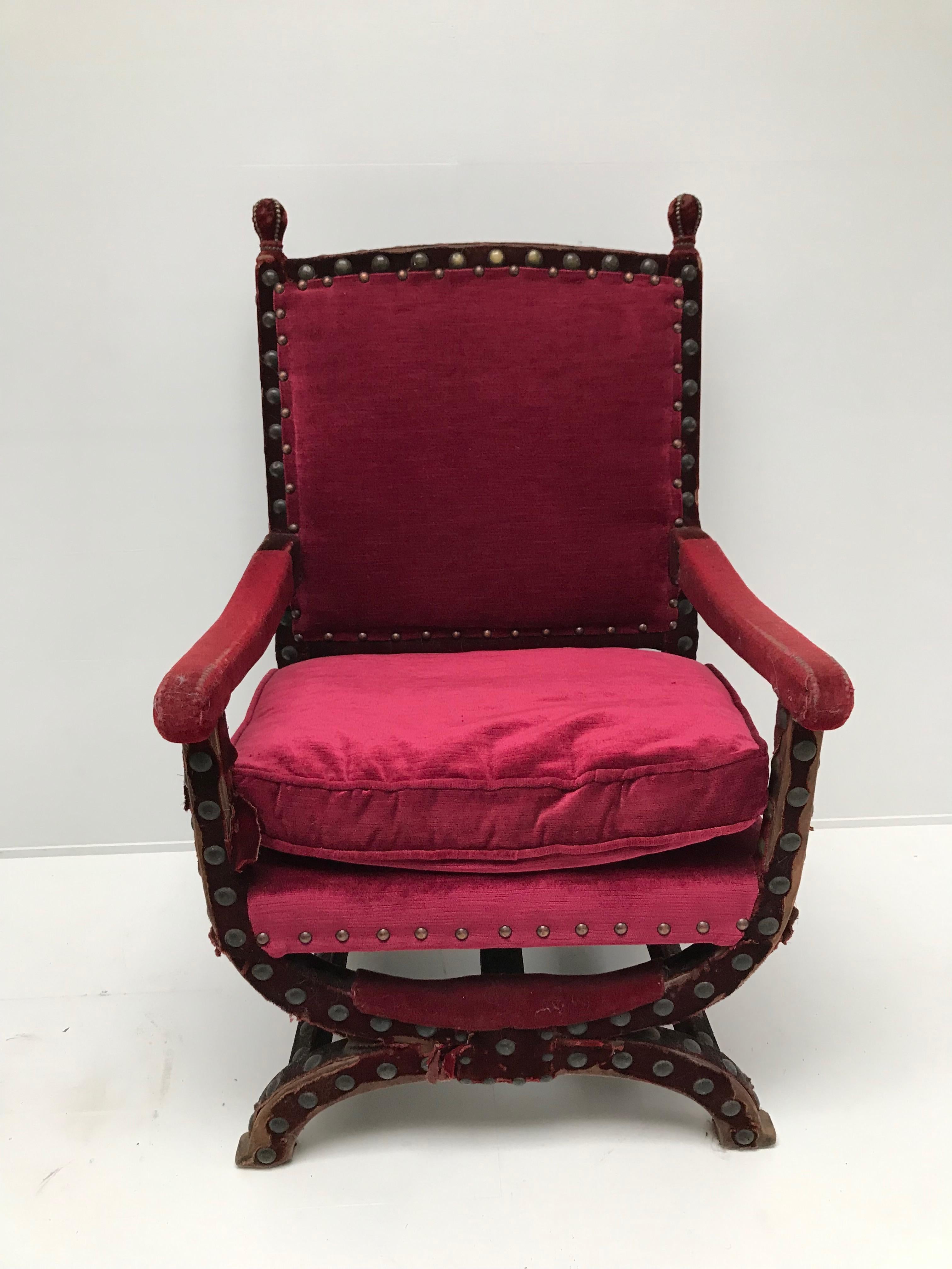 Exceptional English country chair, red velvet with cushion.