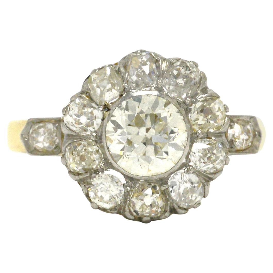 English Diamond Cluster Engagement Ring Platinum Gold For Sale at