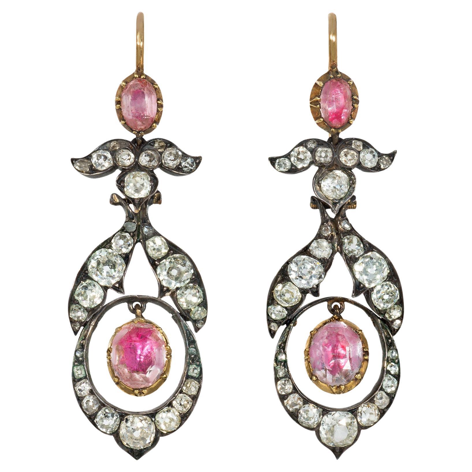 English Antique Early 19th Century Old Mine Diamond and Pink Topaz Earrings