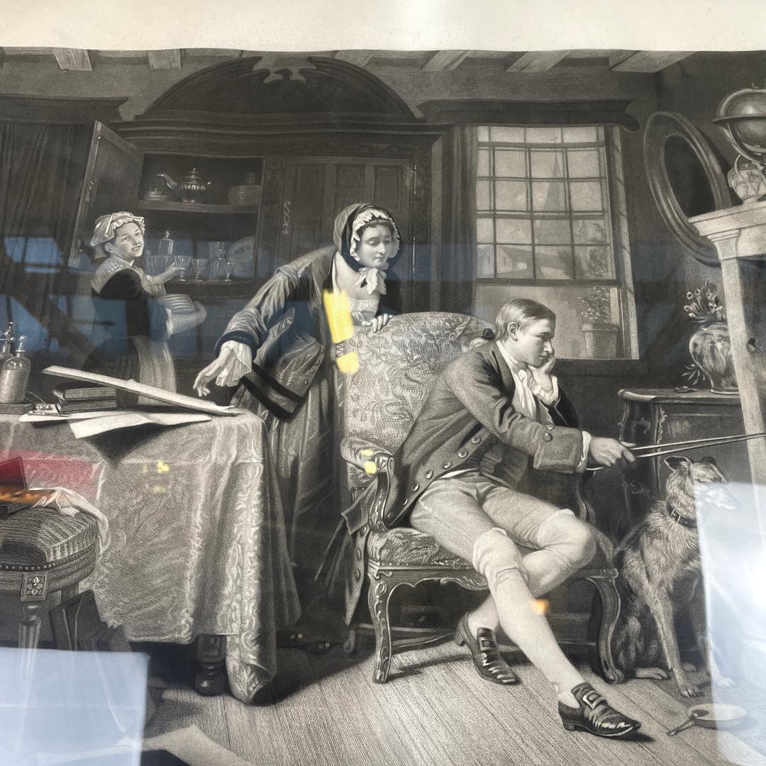 English antique etching print with black wood and golden metal frame, 1863 For Sale 7