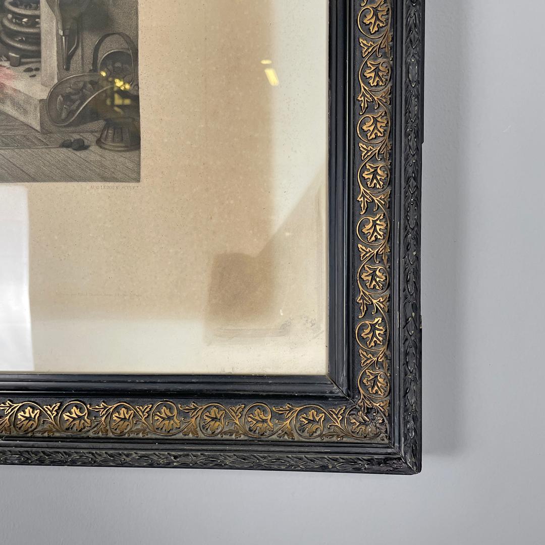 English antique etching print with black wood and golden metal frame, 1863 For Sale 11