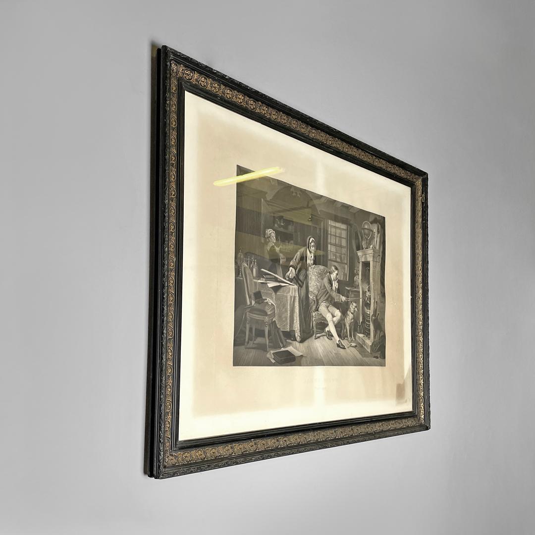 English antique etching print with black wood and golden metal frame, 1863
Etching with frame. The print depicts the scientist James Watt in his study near the fireplace, accompanied by a dog and two female figures. In the center, under the