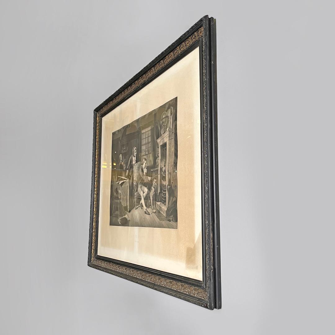 Mid-19th Century English antique etching print with black wood and golden metal frame, 1863 For Sale