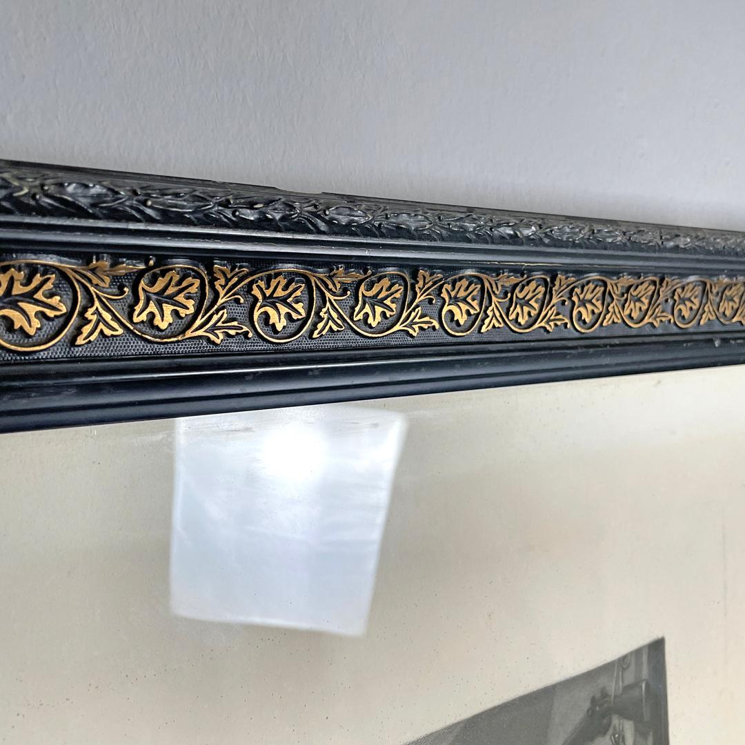 Metal English antique etching print with black wood and golden metal frame, 1863 For Sale