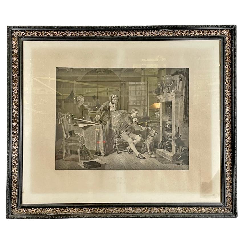 English antique etching print with black wood and golden metal frame, 1863 For Sale