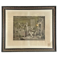 Grabado inglés antiguo con marco de madera negra y metal dorado, 1863