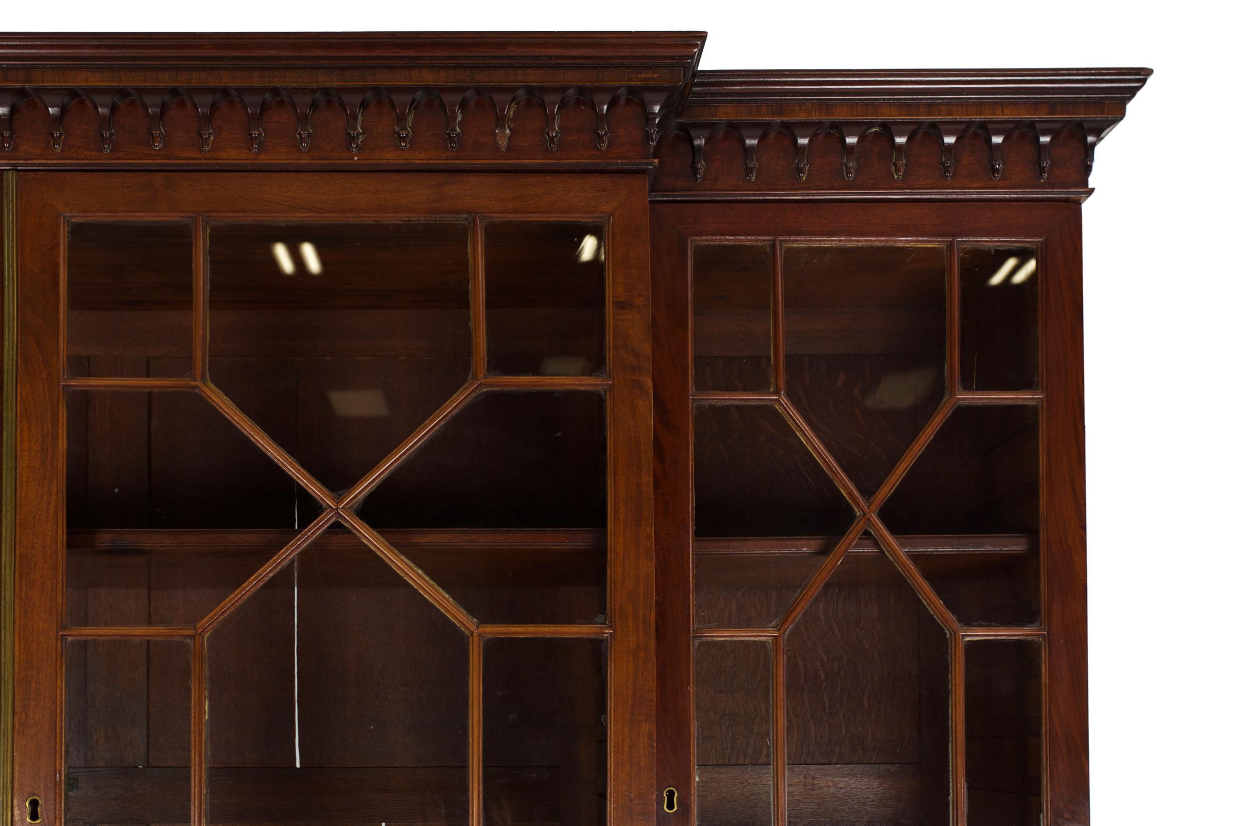 Brass English Antique George III Style Mahogany Bookcase Breakfront Cabinet, 19th C