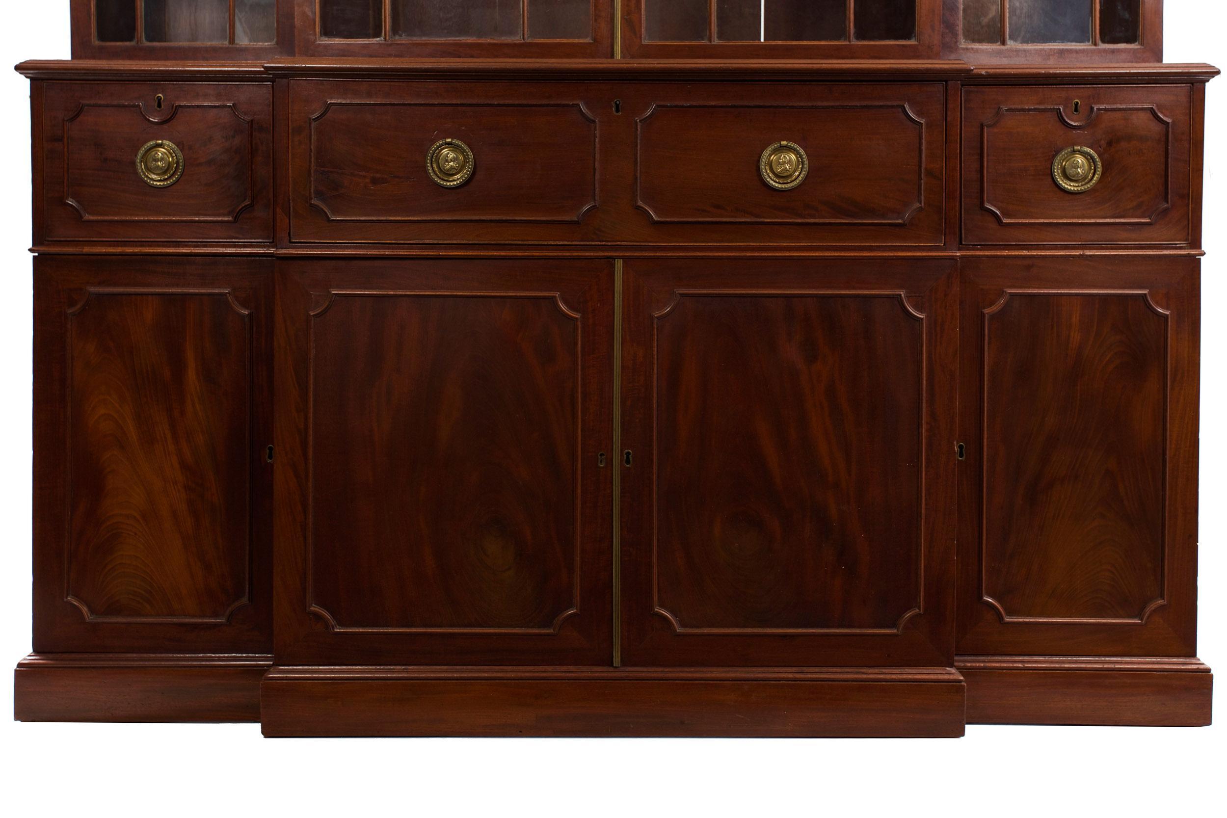English Antique George III Style Mahogany Bookcase Breakfront Cabinet, 19th C 1
