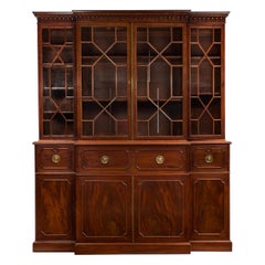 English Antique George III Style Mahogany Bookcase Breakfront Cabinet, 19th C