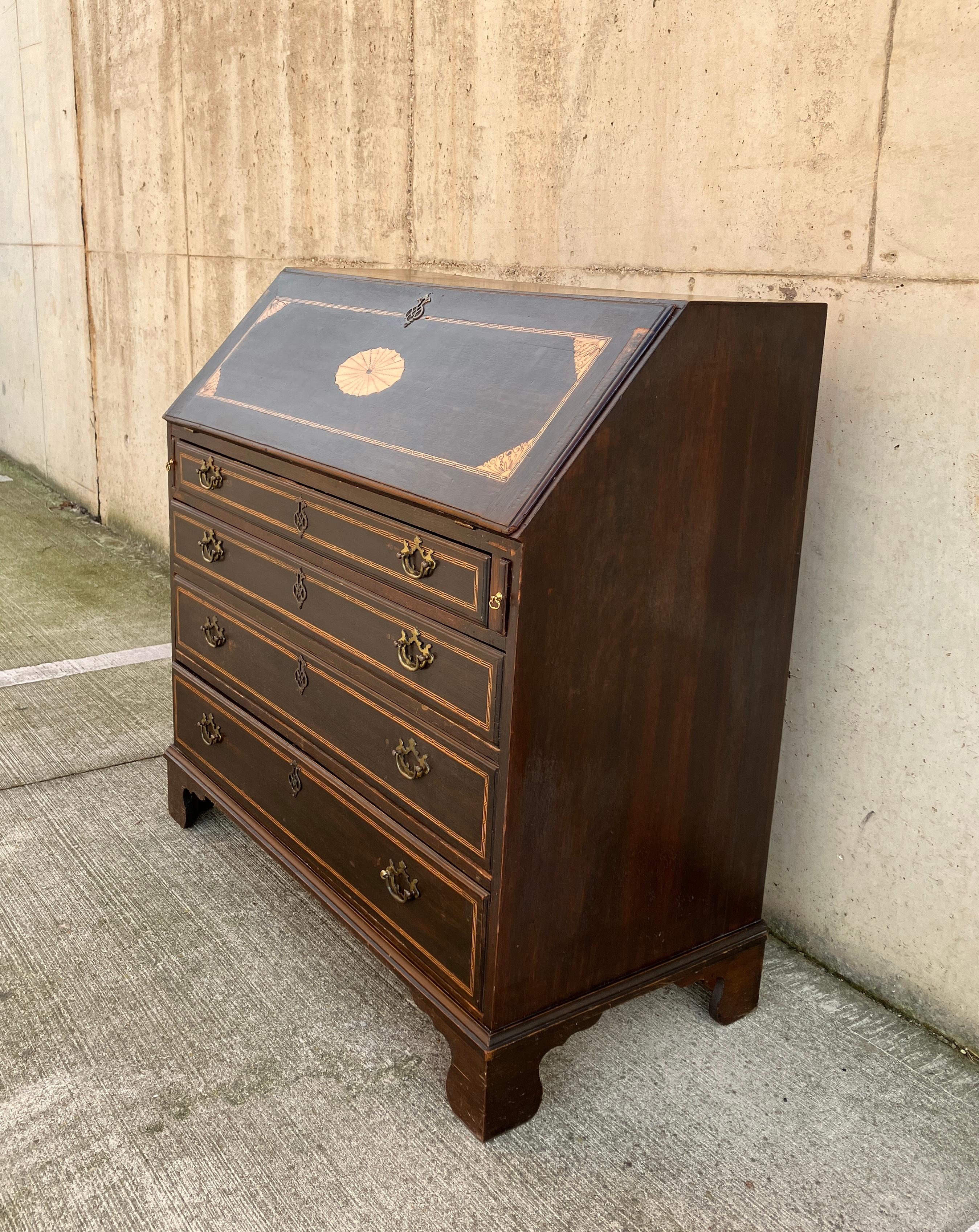English Antique Georgian Inlaid Solid Oak Bureau / Secretaire c.1800 For Sale 10