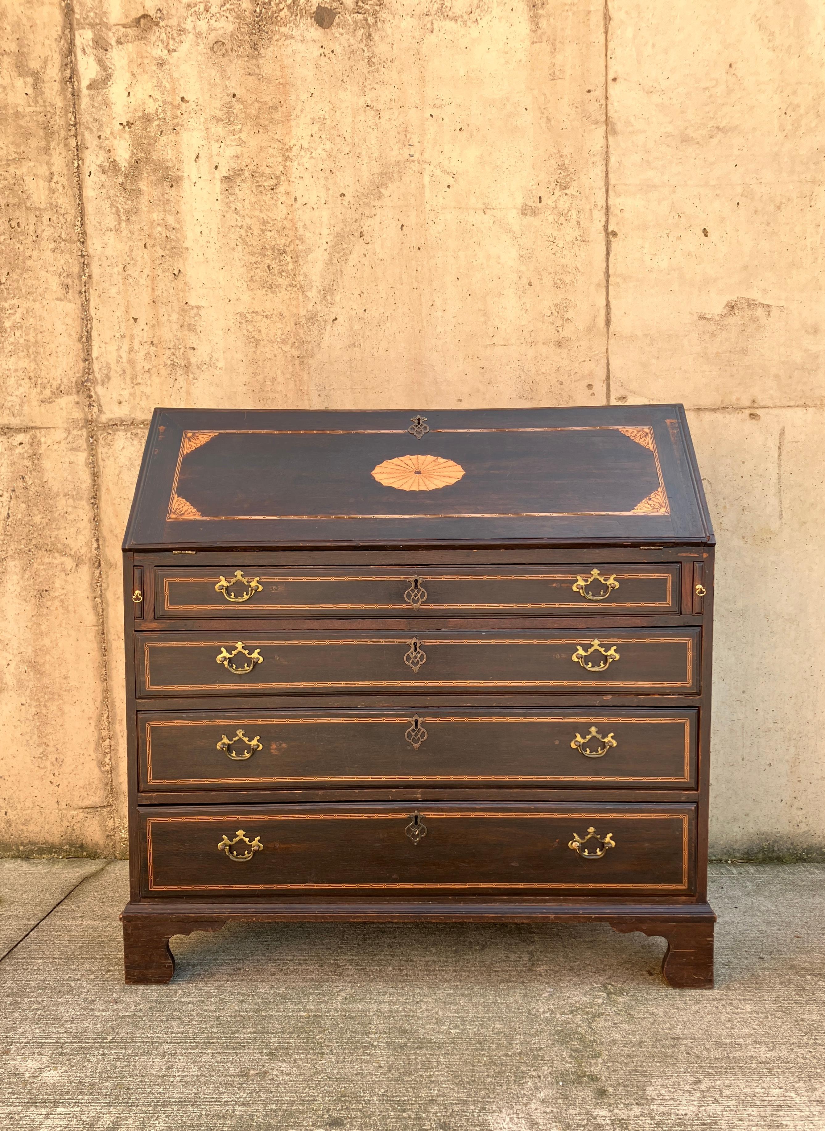 English Antique Georgian Inlaid Solid Oak Bureau / Secretaire c.1800 For Sale 11