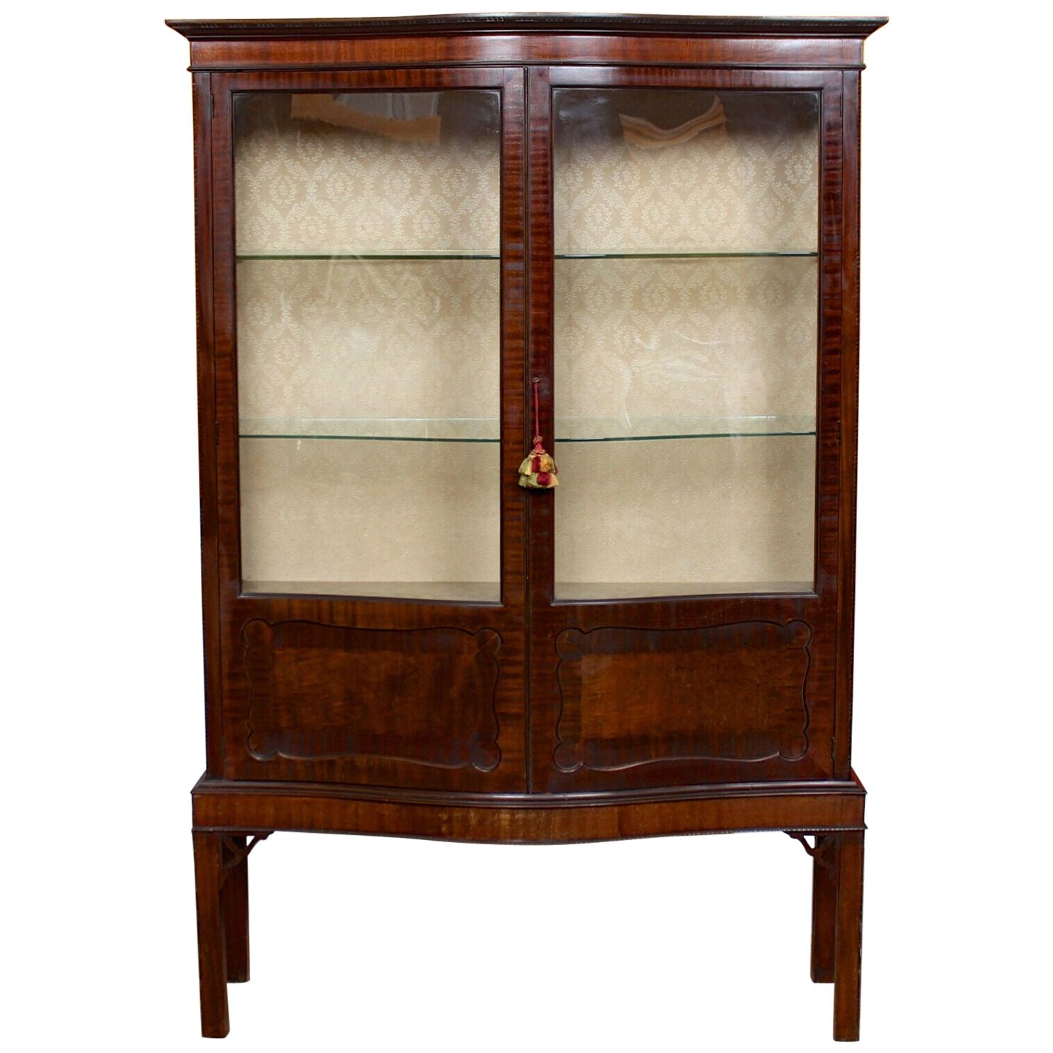 English Antique Glazed Bookcase Display Cabinet Edwardian Serpentine Mahogany For Sale