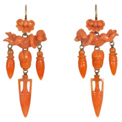 English Antique Gold and Carved Coral Angel Classical Revival Earrings