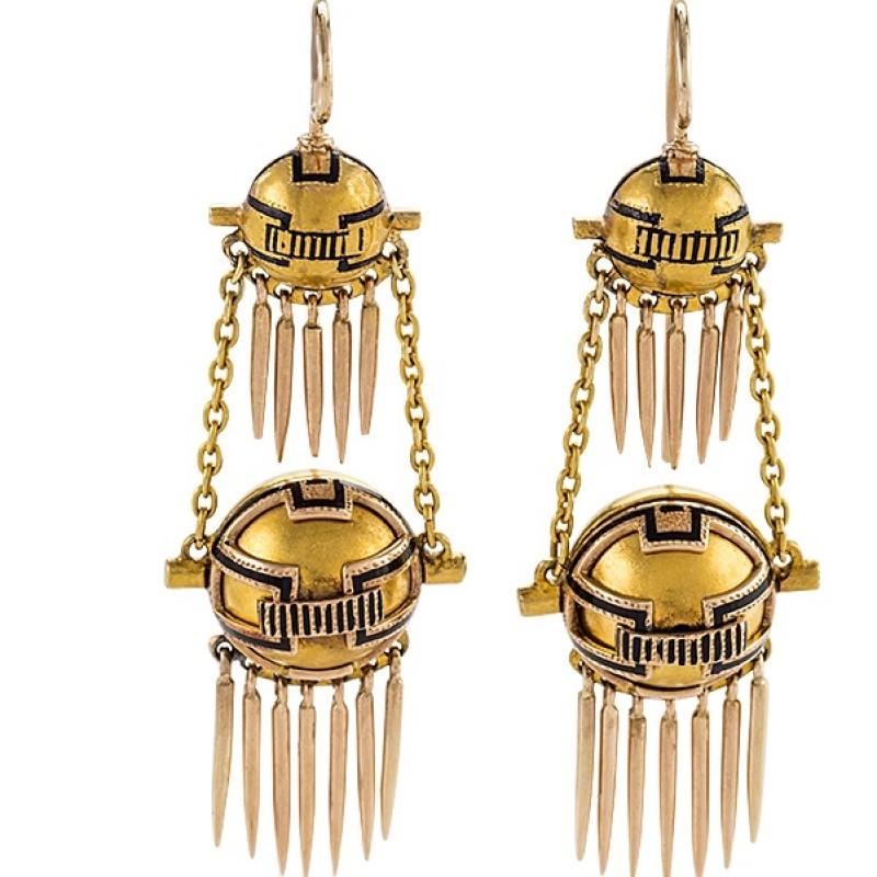 Women's English Antique Gold and Enamel Fringed Earrings