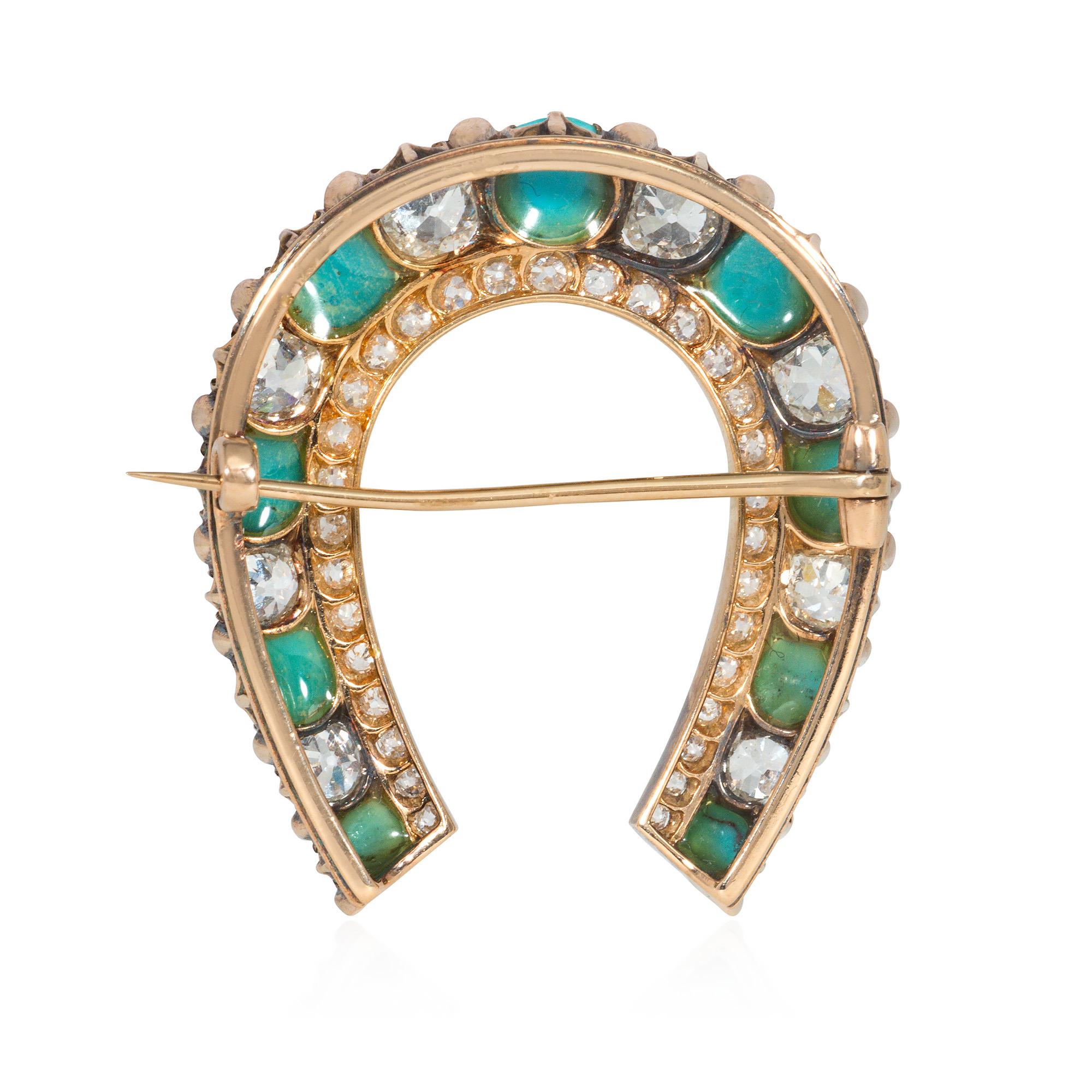 Victorian English Antique Gold, Cabochon Turquoise, and Old Cut Diamond Horseshoe Brooch