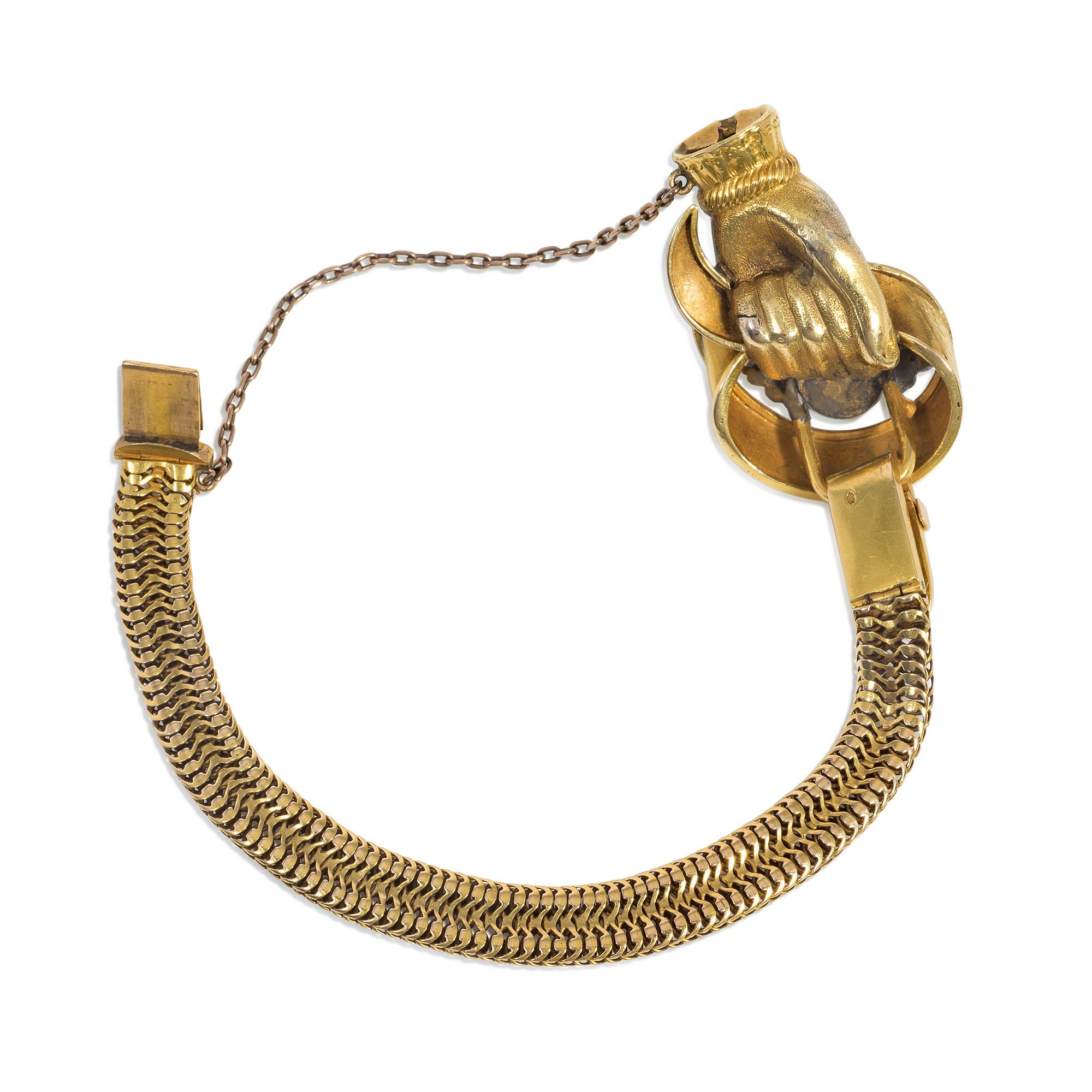 Georgiano Bracciale inglese antico in oro, perle e diamanti con giarrettiera a mano e a cinghia in vendita