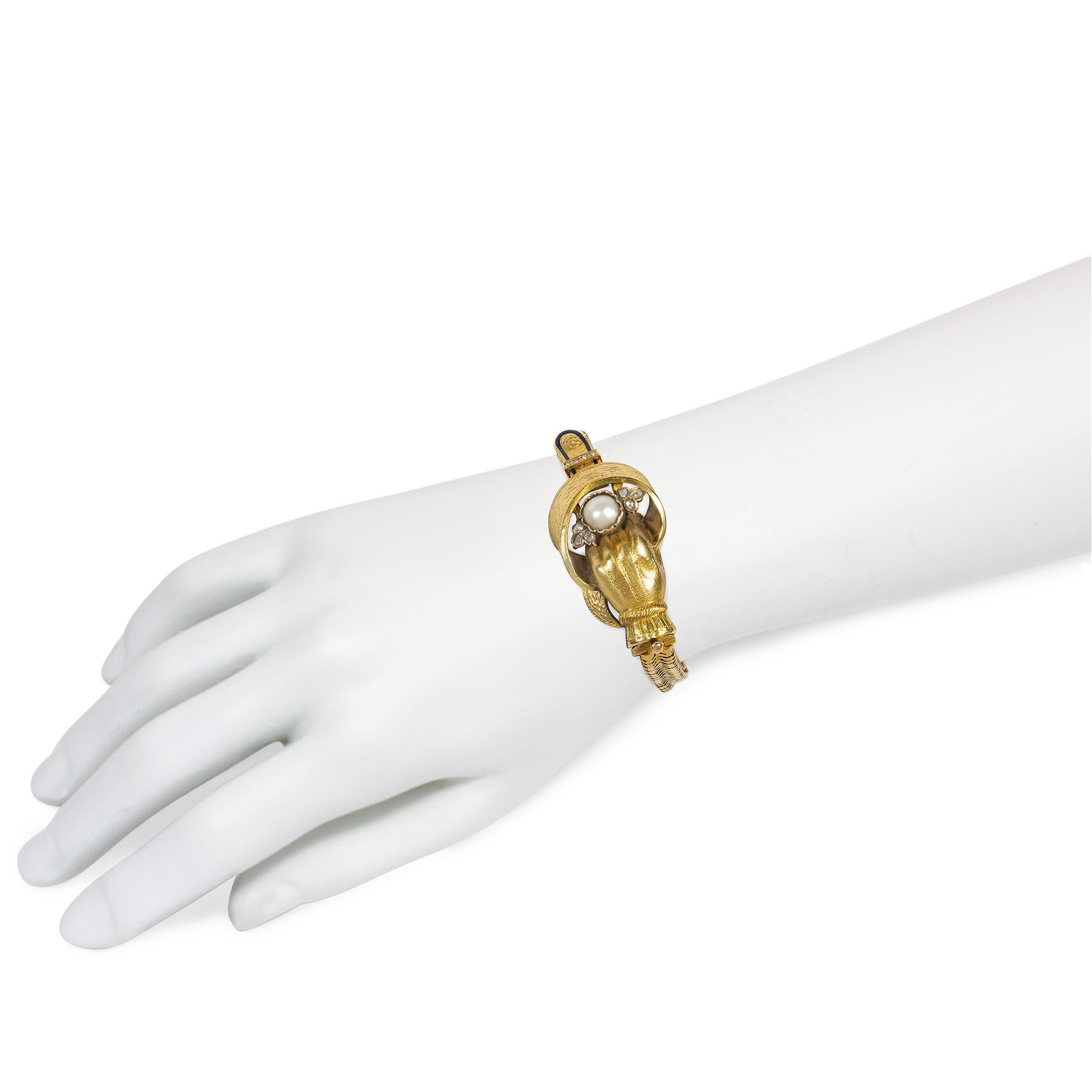 Taglio a rosa Bracciale inglese antico in oro, perle e diamanti con giarrettiera a mano e a cinghia in vendita