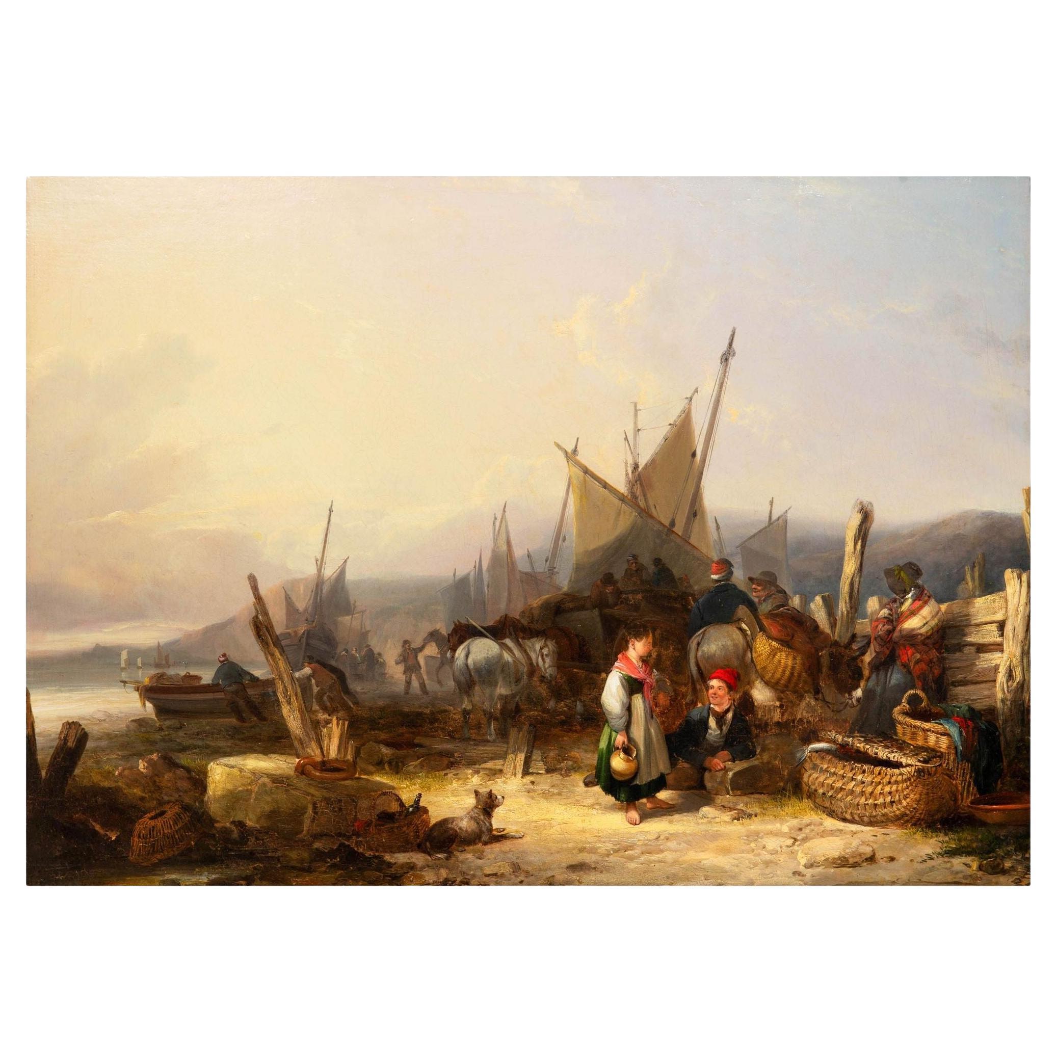 English Antique Landscape Oil Painting “Start of the Day” by William Shayer Sr.