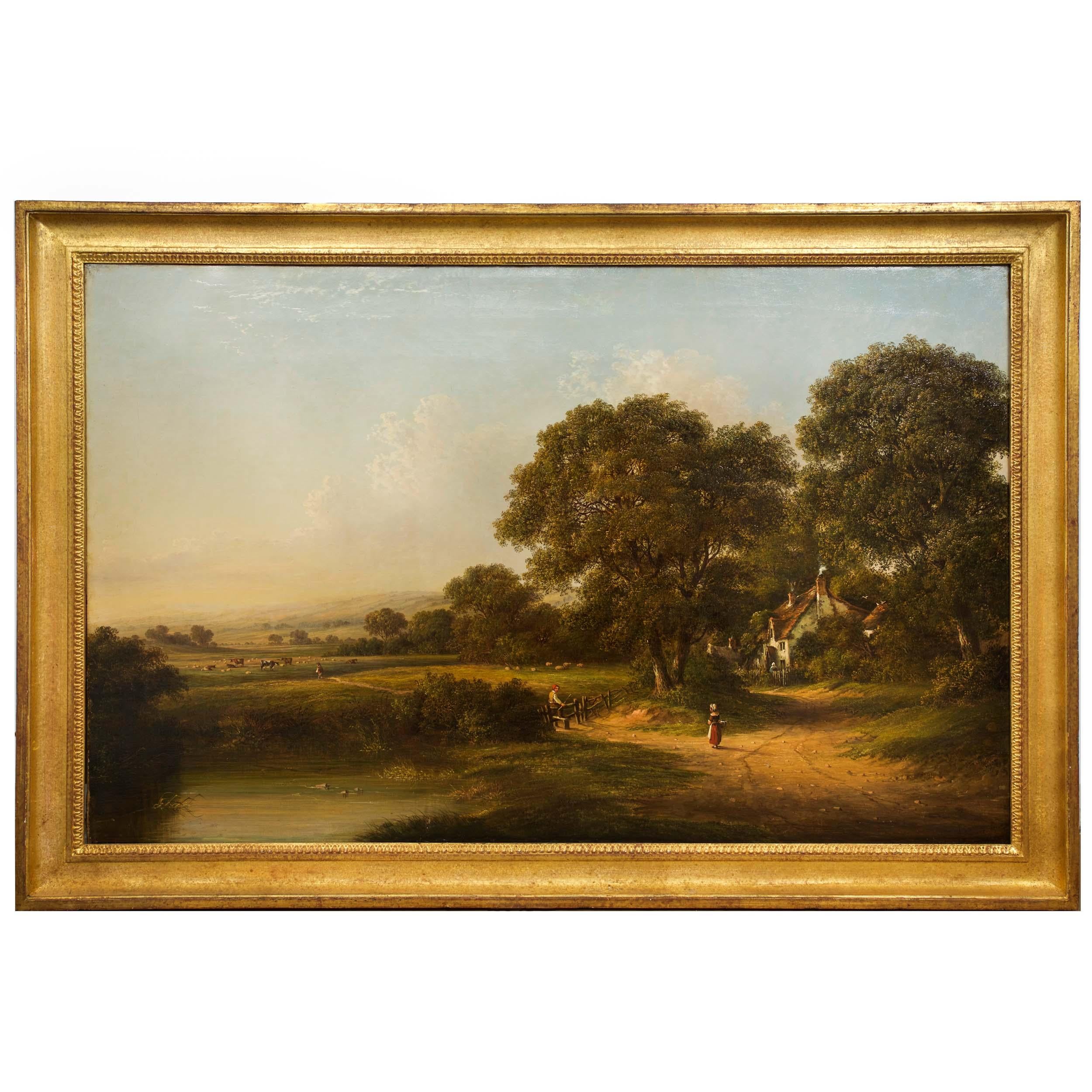 A brilliant evening scene capturing the English countryside as golden hour casts its warm tones across the fields and hills into the distance, the work has a most pleasing and consistent palette of balanced colors across the complex space. It is a