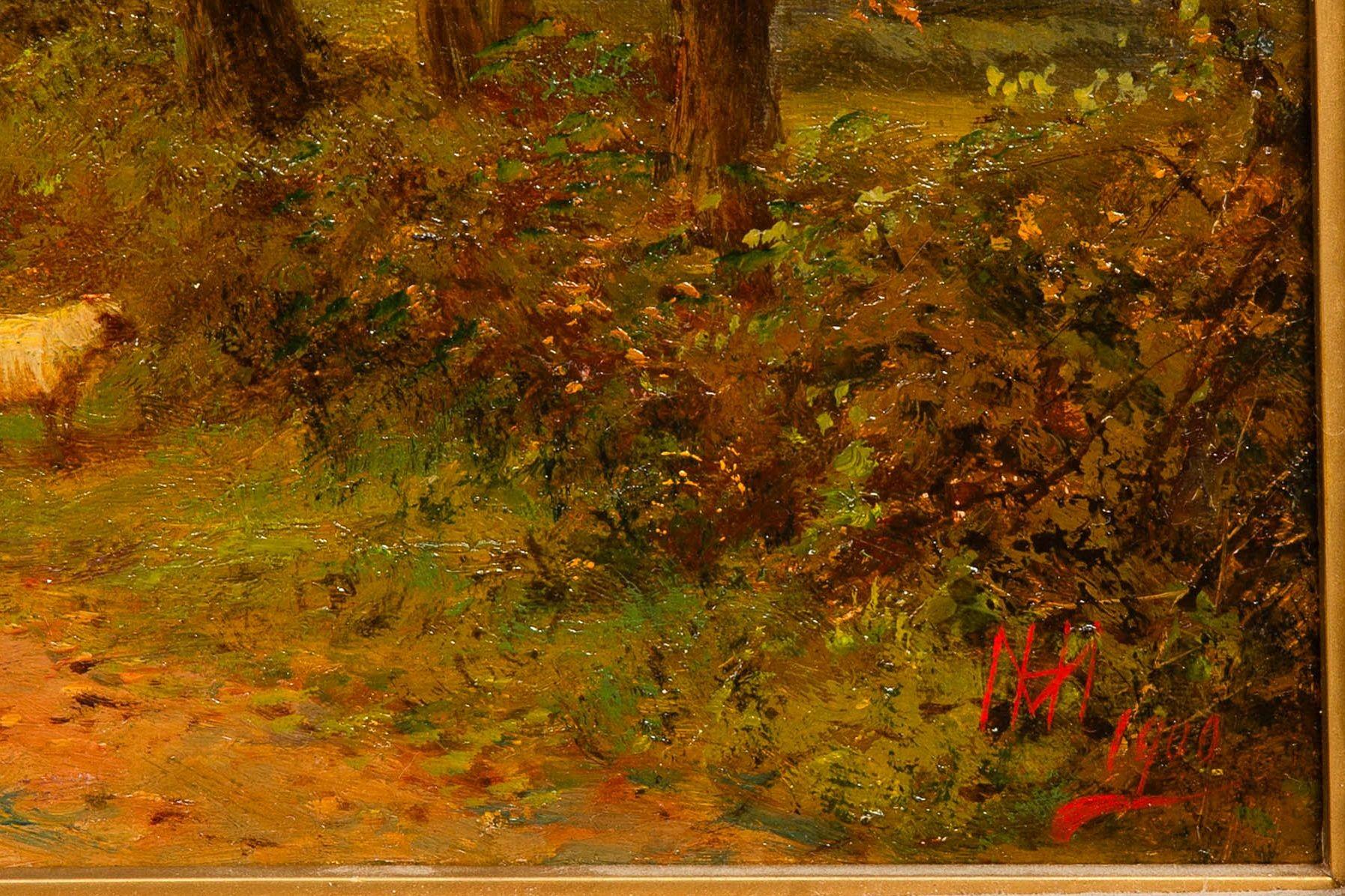 Tela Dipinto antico inglese di paesaggio con pecore di Henry Maidment (1889-1914) in vendita