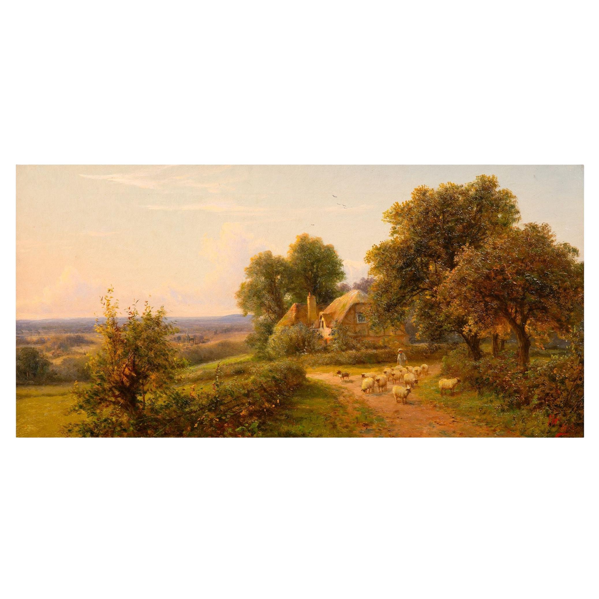 Dipinto antico inglese di paesaggio con pecore di Henry Maidment (1889-1914) in vendita