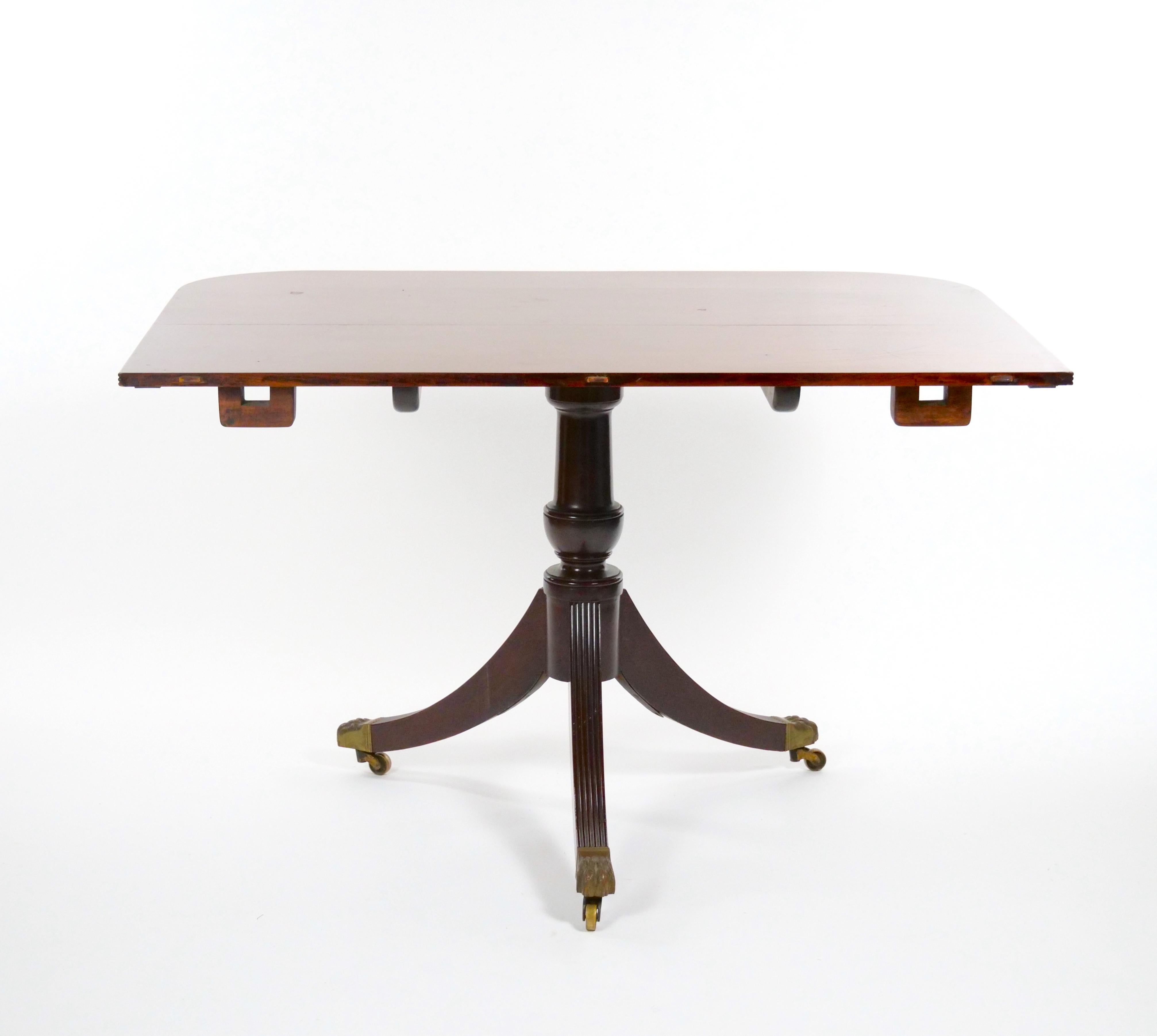 Brass English Antique Mahogany Wood Twin Tripod Pedestal Dining Table For Sale
