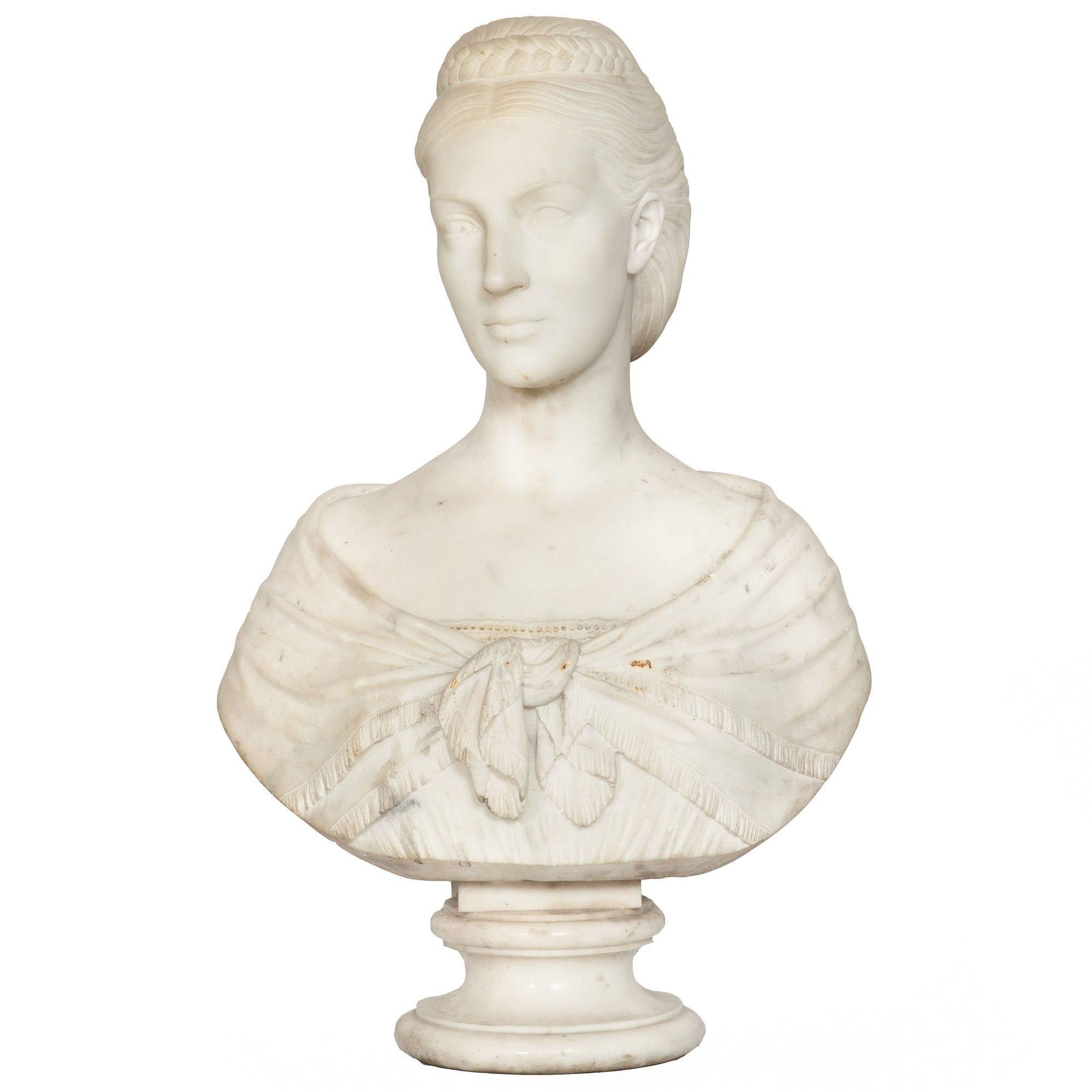 JOHN WARRINGTON WOOD
British, 1839-1886

Bust of a Woman, almost certainly depicting Lady Layard (1870)

Carrara marble  signed to the reverse 