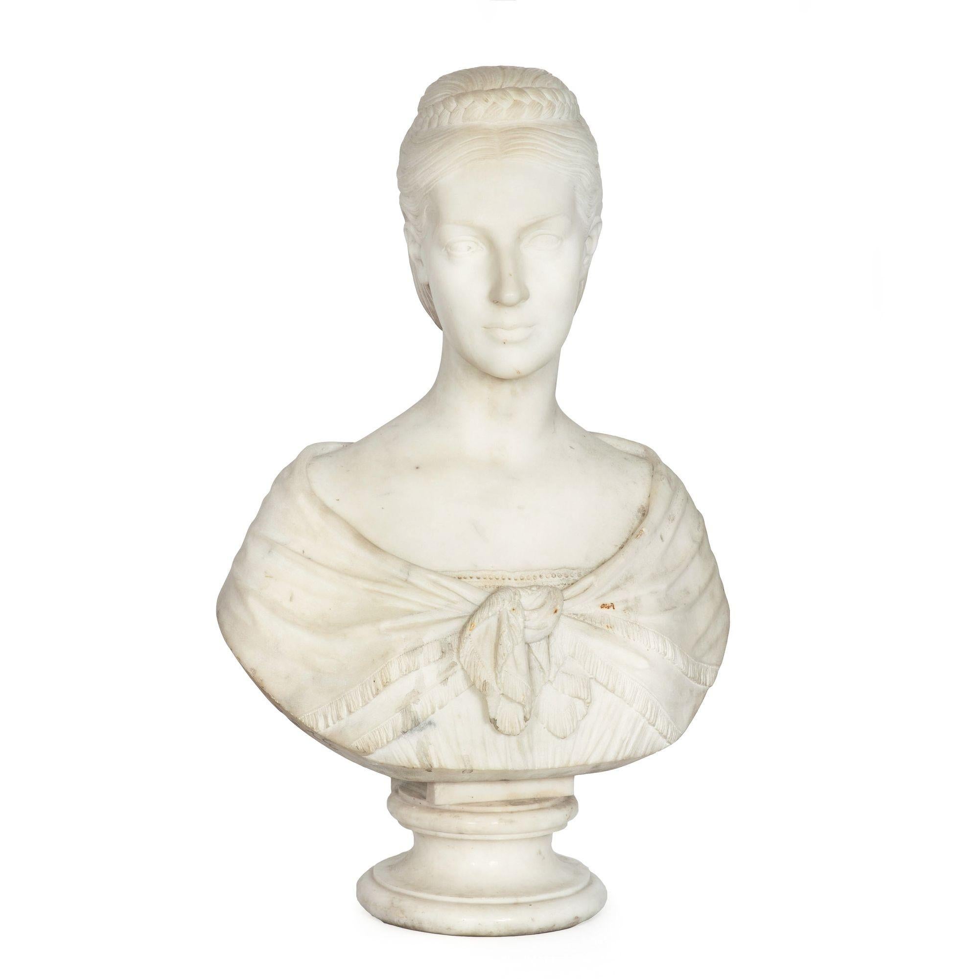 Neoclassical English Antique Marble Bust “Lady Layard” by John Warrington Wood ca. 1870 For Sale