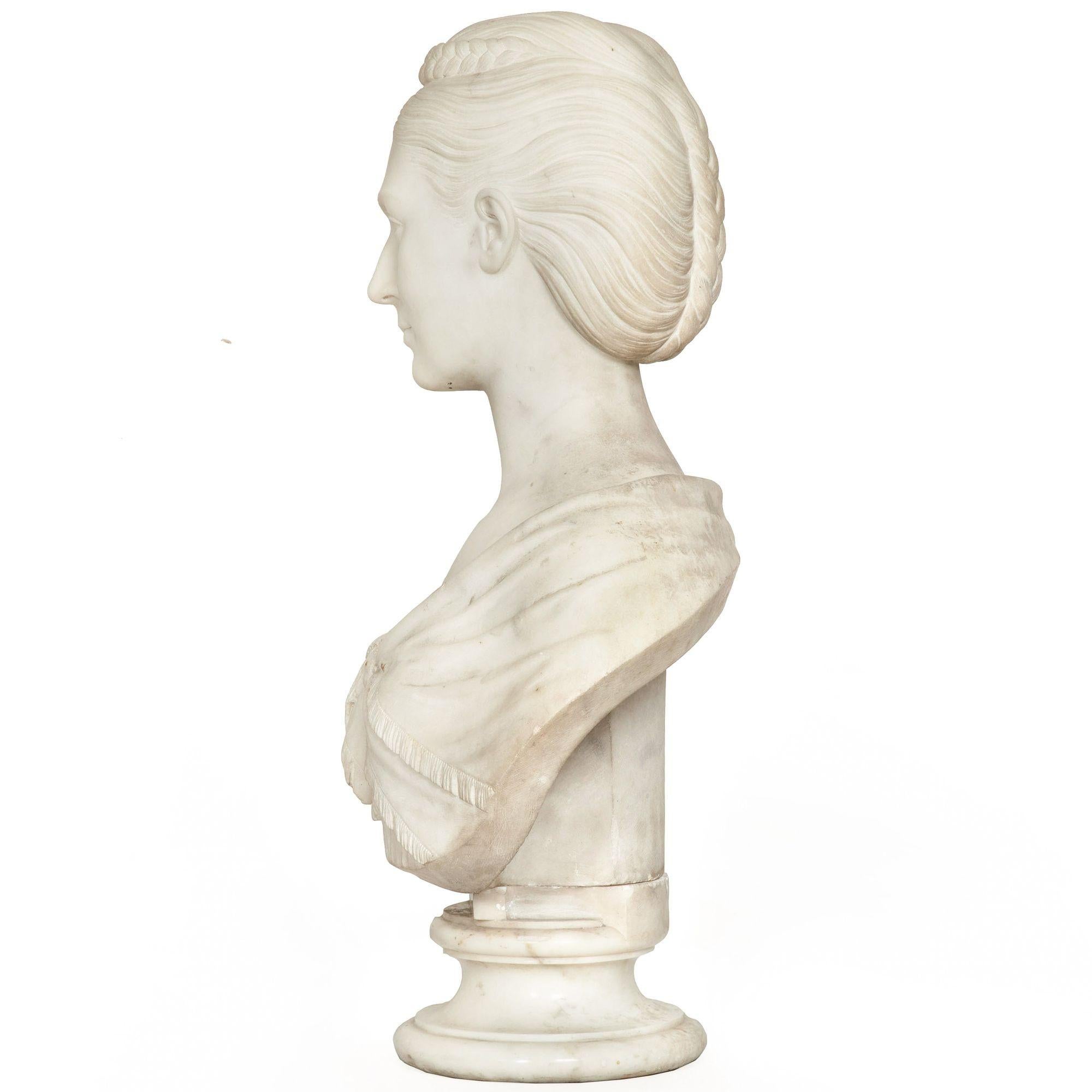 Italian English Antique Marble Bust “Lady Layard” by John Warrington Wood ca. 1870 For Sale