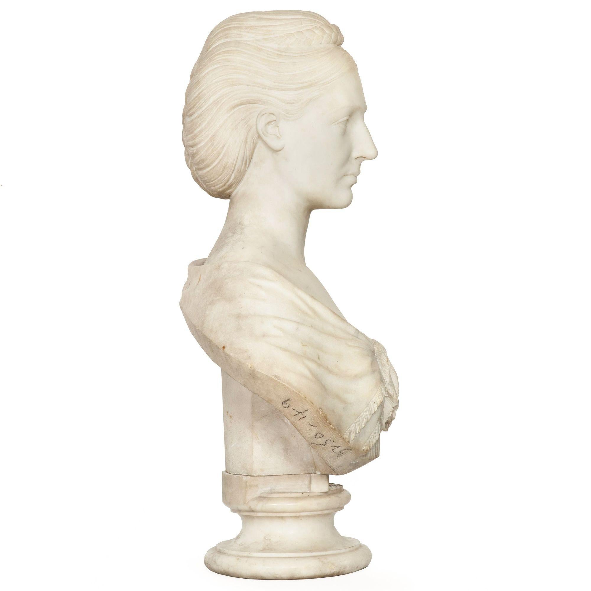 19th Century English Antique Marble Bust “Lady Layard” by John Warrington Wood ca. 1870 For Sale