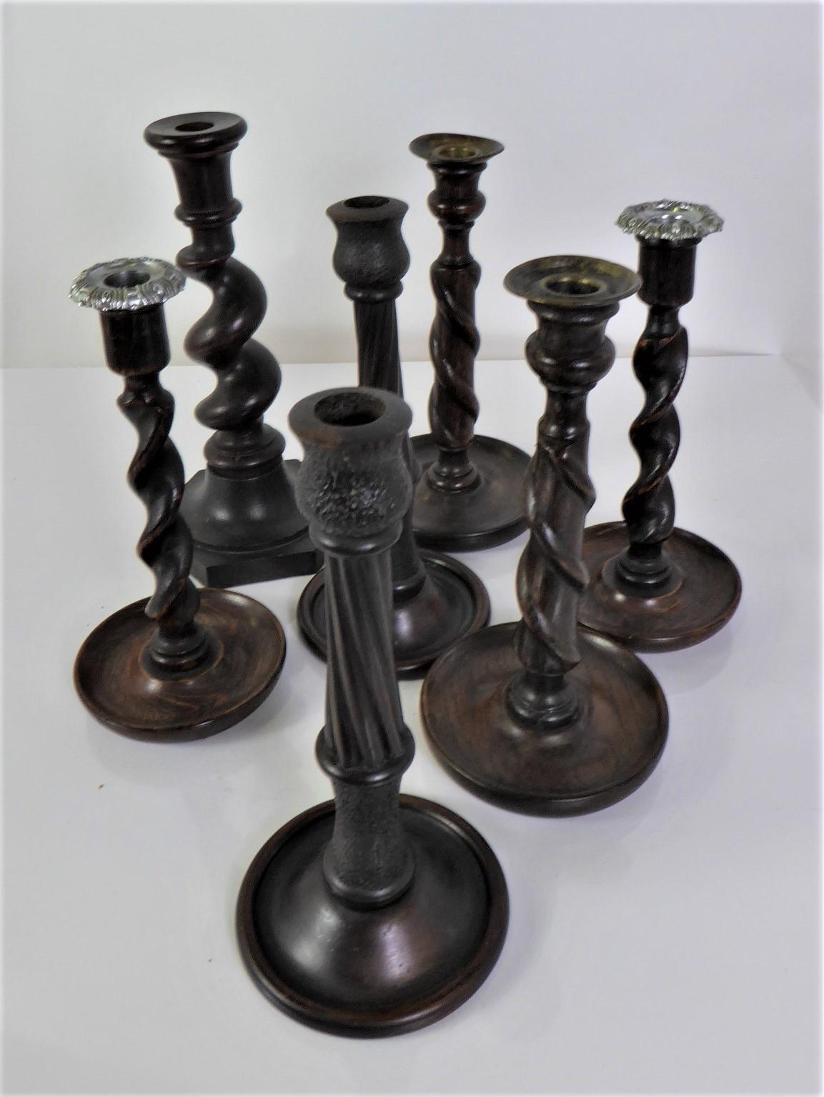 English Antique Oak Barley Twist Candlesticks Grouping of 7 Edwardian Period In Good Condition In Miami, FL