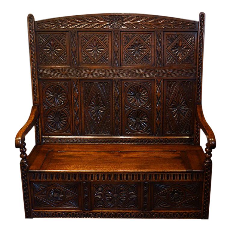 English Antique Oak Box Settle, circa 1860