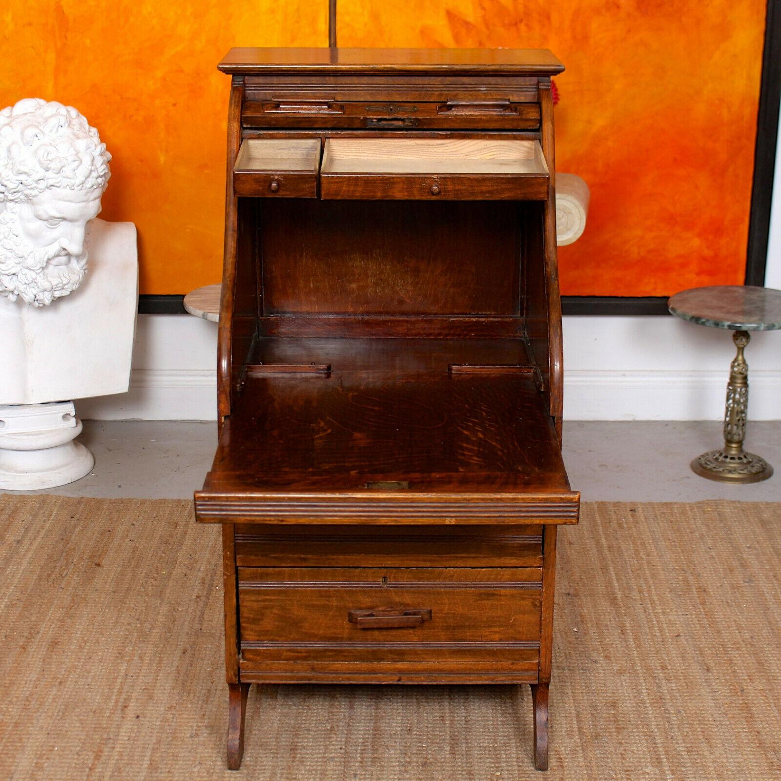 English Antique Oak Bureau Tambour Roll-Top Writing Desk Chest Edwardian For Sale 5