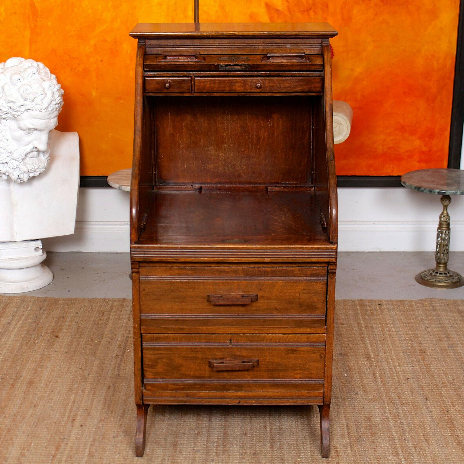 English Antique Oak Bureau Tambour Roll-Top Writing Desk Chest Edwardian In Good Condition For Sale In Newcastle upon Tyne, GB