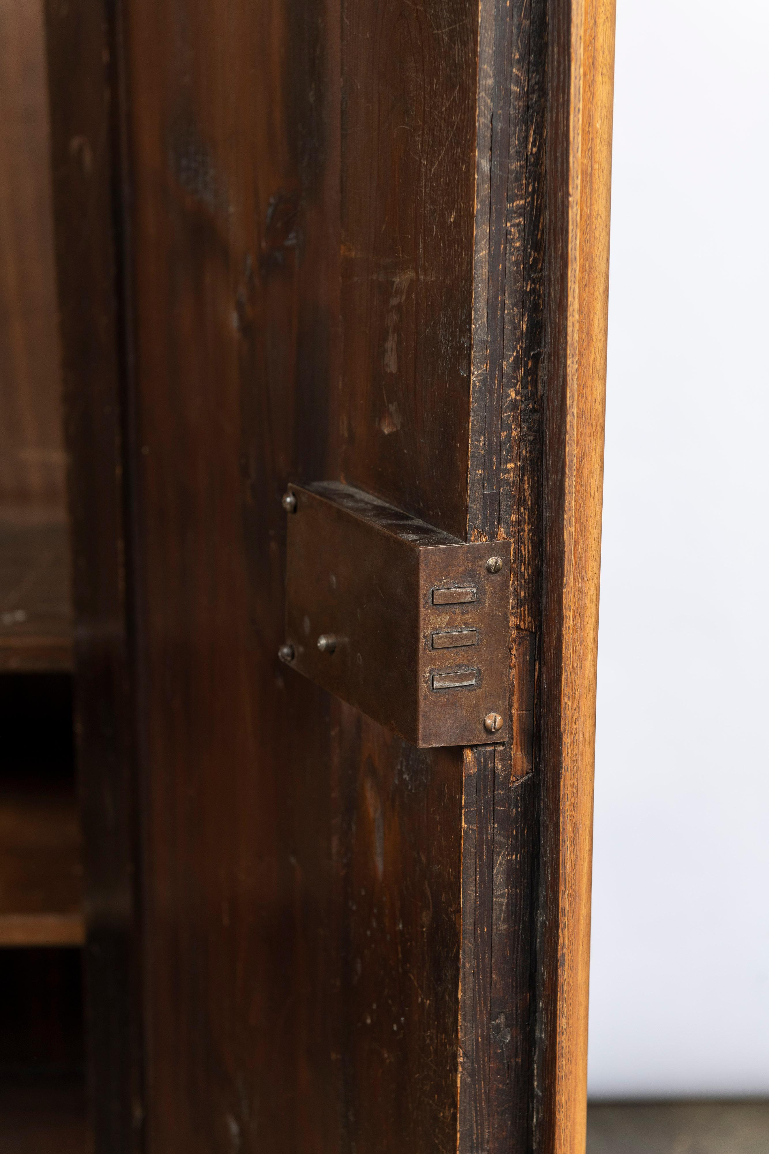 English Antique Oak Wardrobe with Corrugated Wood Doors, Shelves and Key 5