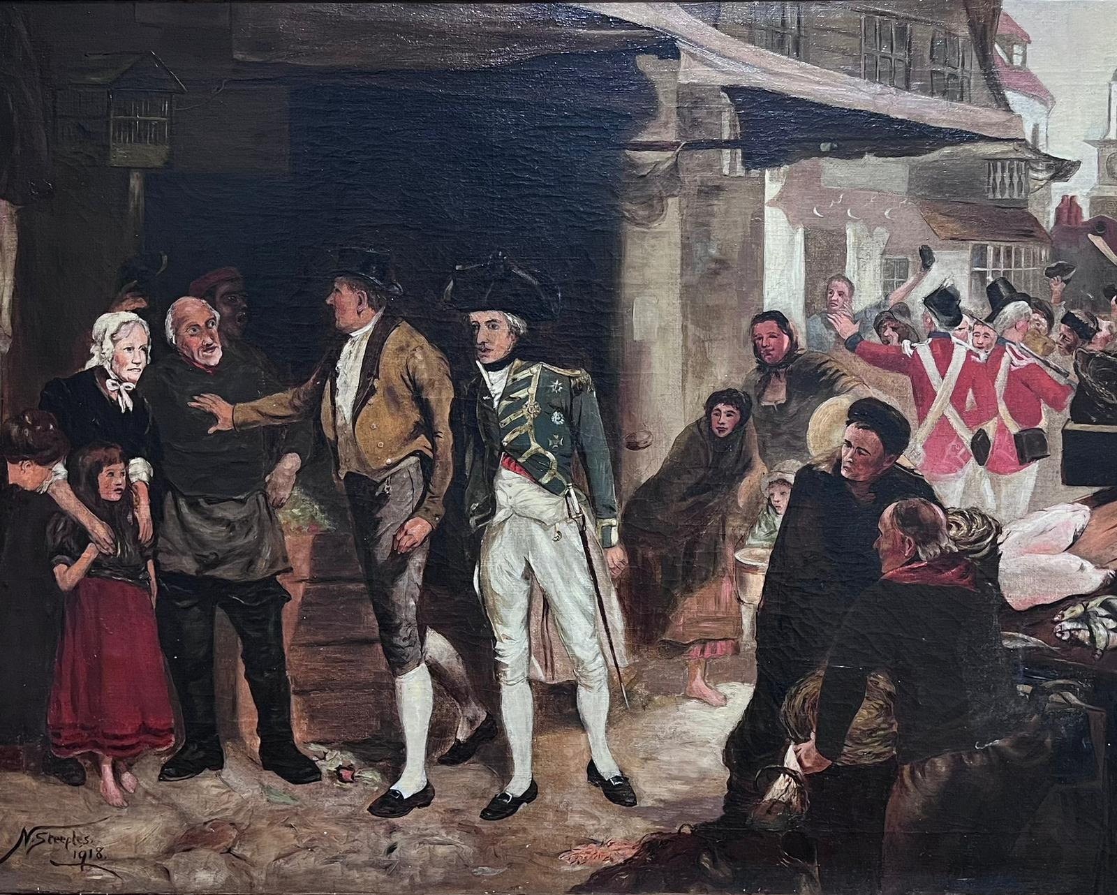 Huile ancienne de l'amiral Lord Nelson dans Village High Street avec foules signée  - Painting de English Antique Oil 