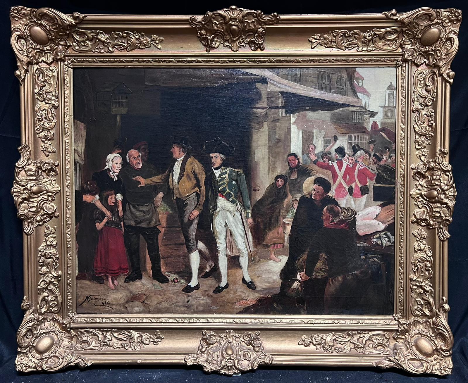 Figurative Painting de English Antique Oil  - El almirante Lord Nelson en la calle principal de un pueblo con multitudes Óleo antiguo firmado