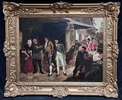 Admiral Lord Nelson in der Village High Street mit Crowds, signiertes antikes Ölgemälde 