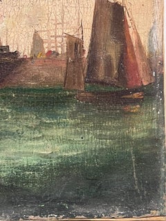 Antique English Oil Painting Classic Tall Ships Marine Harbour Scene Sunrise