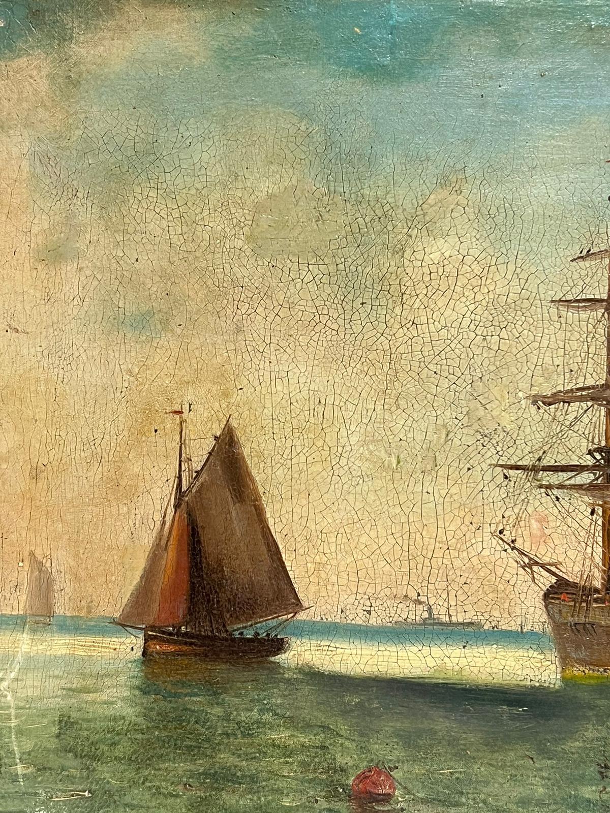 Antique English Oil Painting Classic Tall Ships Marine Harbour Scene Sunrise For Sale 1