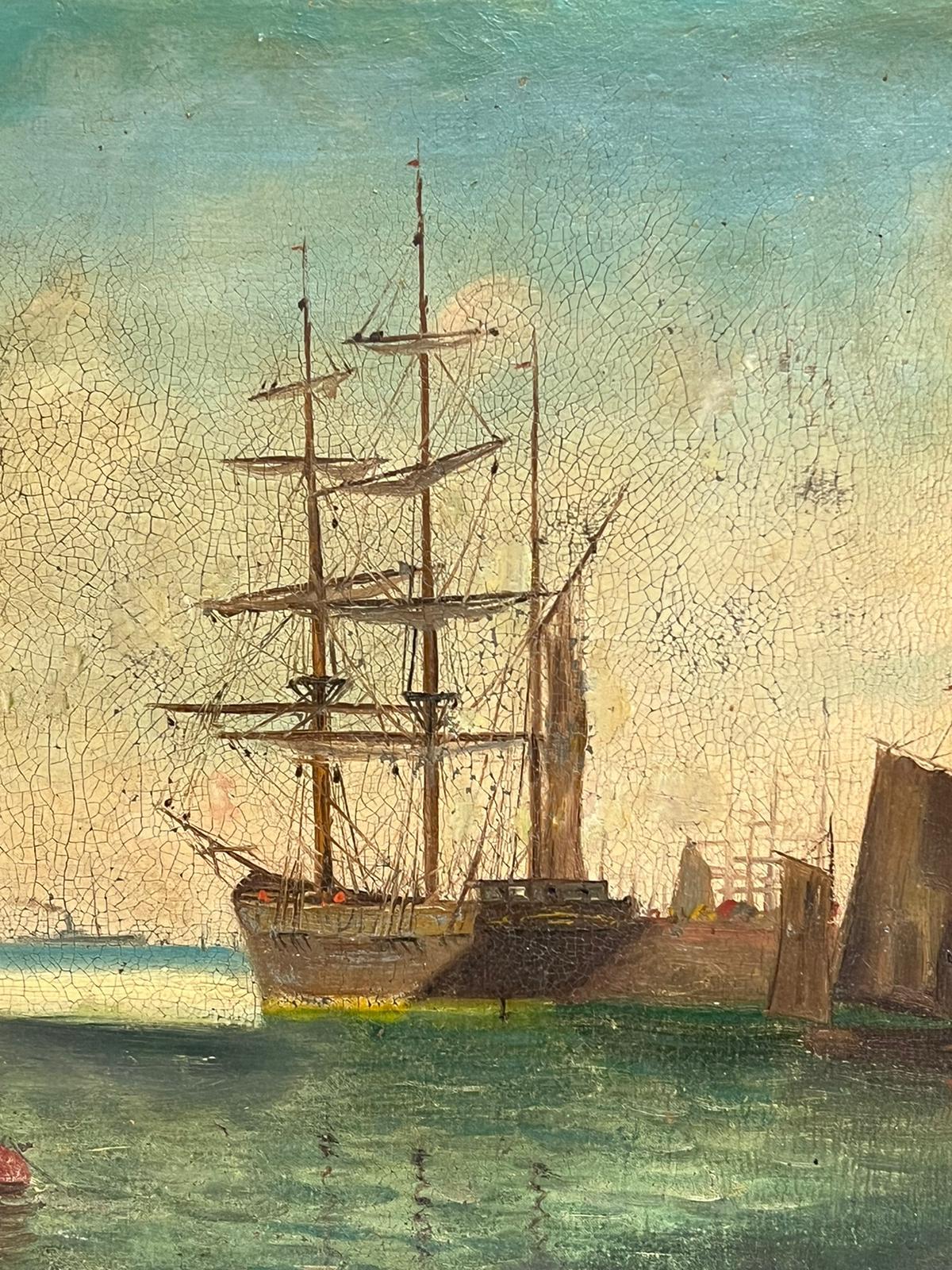 Antique English Oil Painting Classic Tall Ships Marine Harbour Scene Sunrise For Sale 2