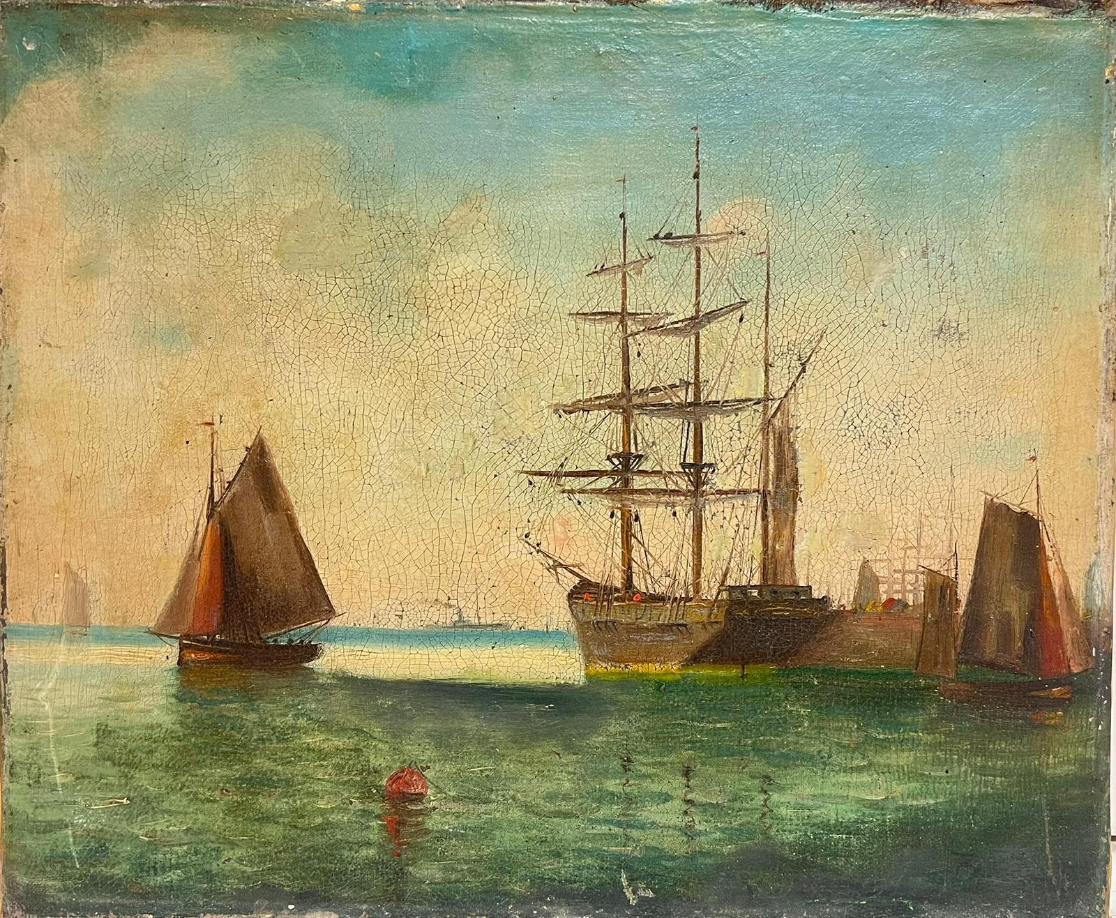 Unknown Landscape Painting - Antique English Oil Painting Classic Tall Ships Marine Harbour Scene Sunrise