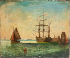 Antique English Oil Painting Classic Tall Ships Marine Harbour Scene Sunrise